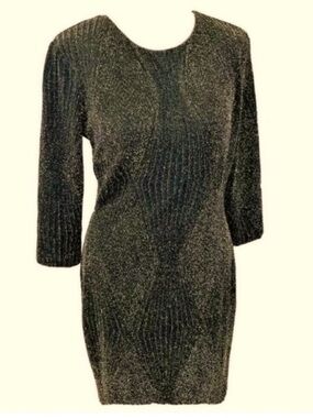 Abbeline NEW Black Metallic Gold Above The Knee Dress 2 Way Back Zipper Womens M